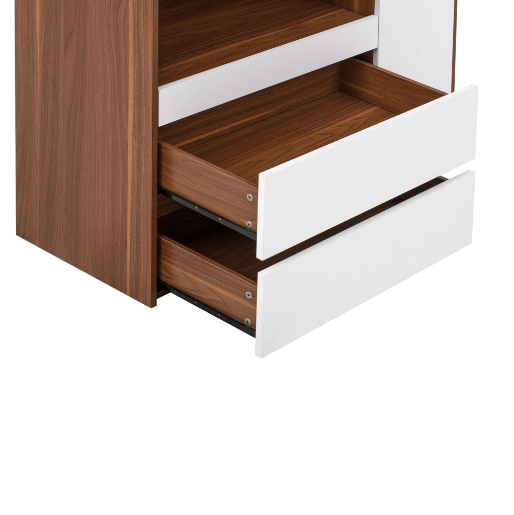 Highboard in MDF Weiß und Nussbaum mit verstellbaren Regalböden, Schubladen und Riffelglas, 100x40x200 cm, ideal für Esszimmer und Küche