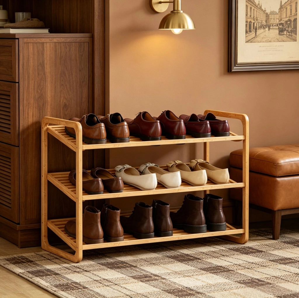 Scaffale per scarpe in bambù a 3 livelli, capacità fino a 12 paia, salvaspazio per ingresso 76x33x50,8 cm