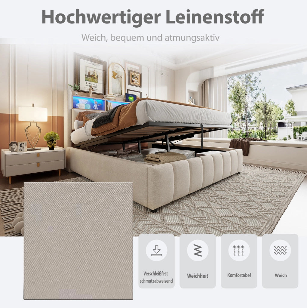 Letto imbottito beige 180 x 200 cm con LED, USB, vano contenitore e sollevamento idraulico