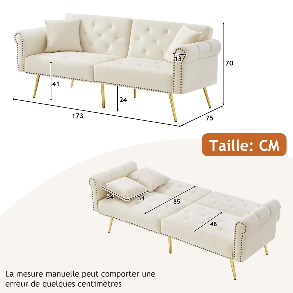 Divano letto 2 posti con doppio schienale regolabile in 3 posizioni e 2 cuscini, in velluto beige, 147 × 85 cm