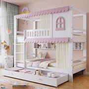 Letto a castello per bambini 90x200 cm con 2 cassetti; mensole; finestre e tende; pino MDF bianco rosa
