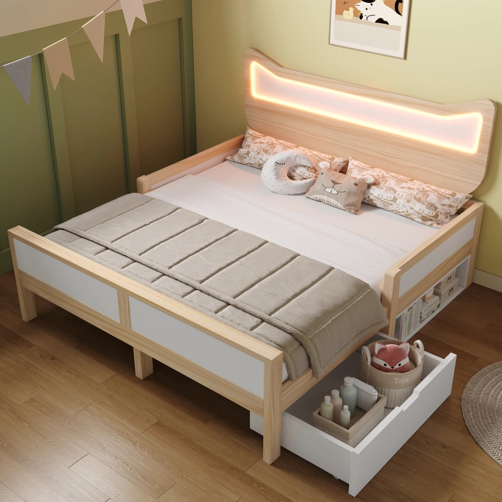 LETTO Bambini 140x200 cm Testiera gatto RGB LED Bianco e Rovere