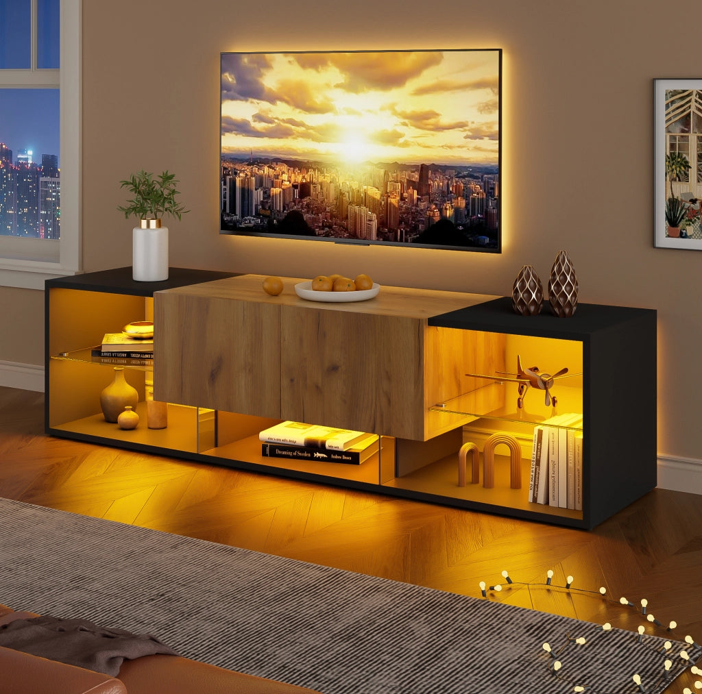 Mobile TV LED 160x40x42 cm in truciolato nero e naturale con contenitore