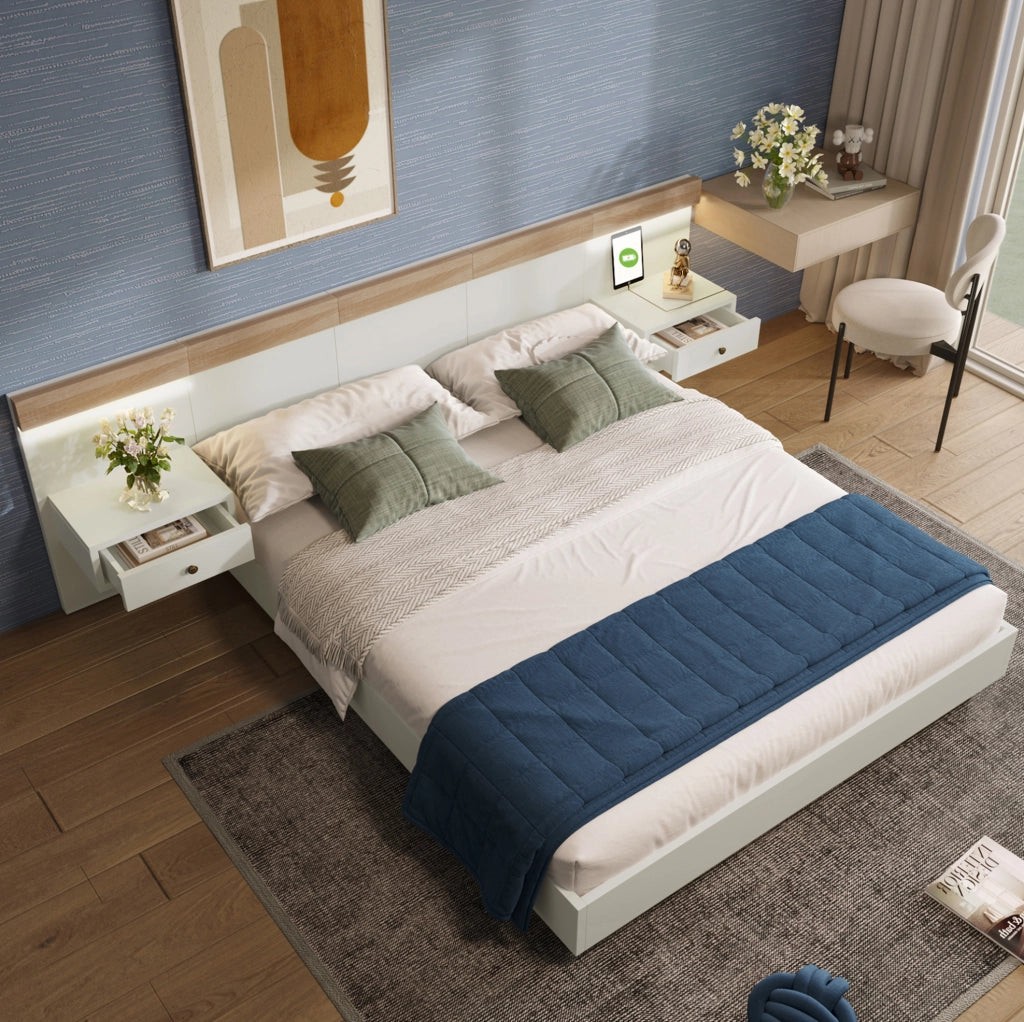 Letto matrimoniale 160x200 cm con comodini LED, USB-C e prese UE