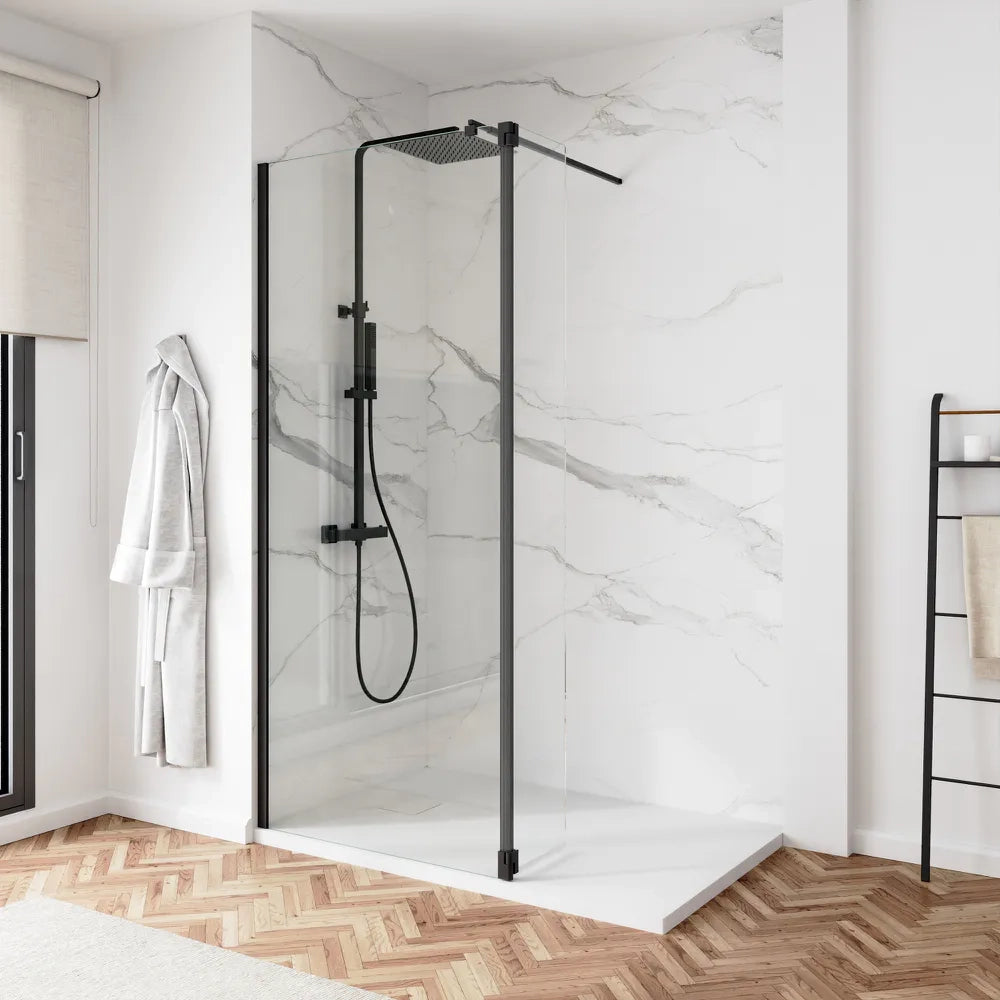 Doccia walk-in 70cm + anta 40cm vetro 8mm trasparente profili neri | Keros