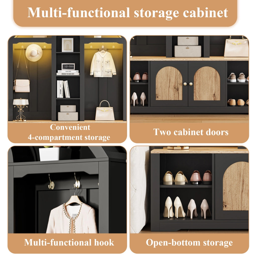 Garderoba in MDF nera con ripiani, appendiabiti e doppi sportelli, design curvo 150x40x195 cm