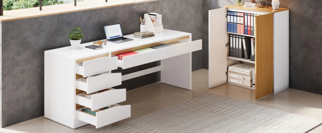Set ufficio ULEVR con scrivania regolabile 140x50 cm e armadio archivio 80x40x110 cm, bianco e rovere