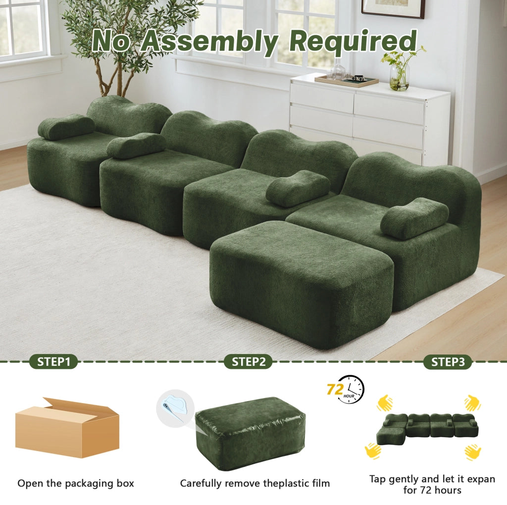 Divano modulare angolare verde in velluto, 3 posti con pouf, schiuma ad alta resilienza 32D