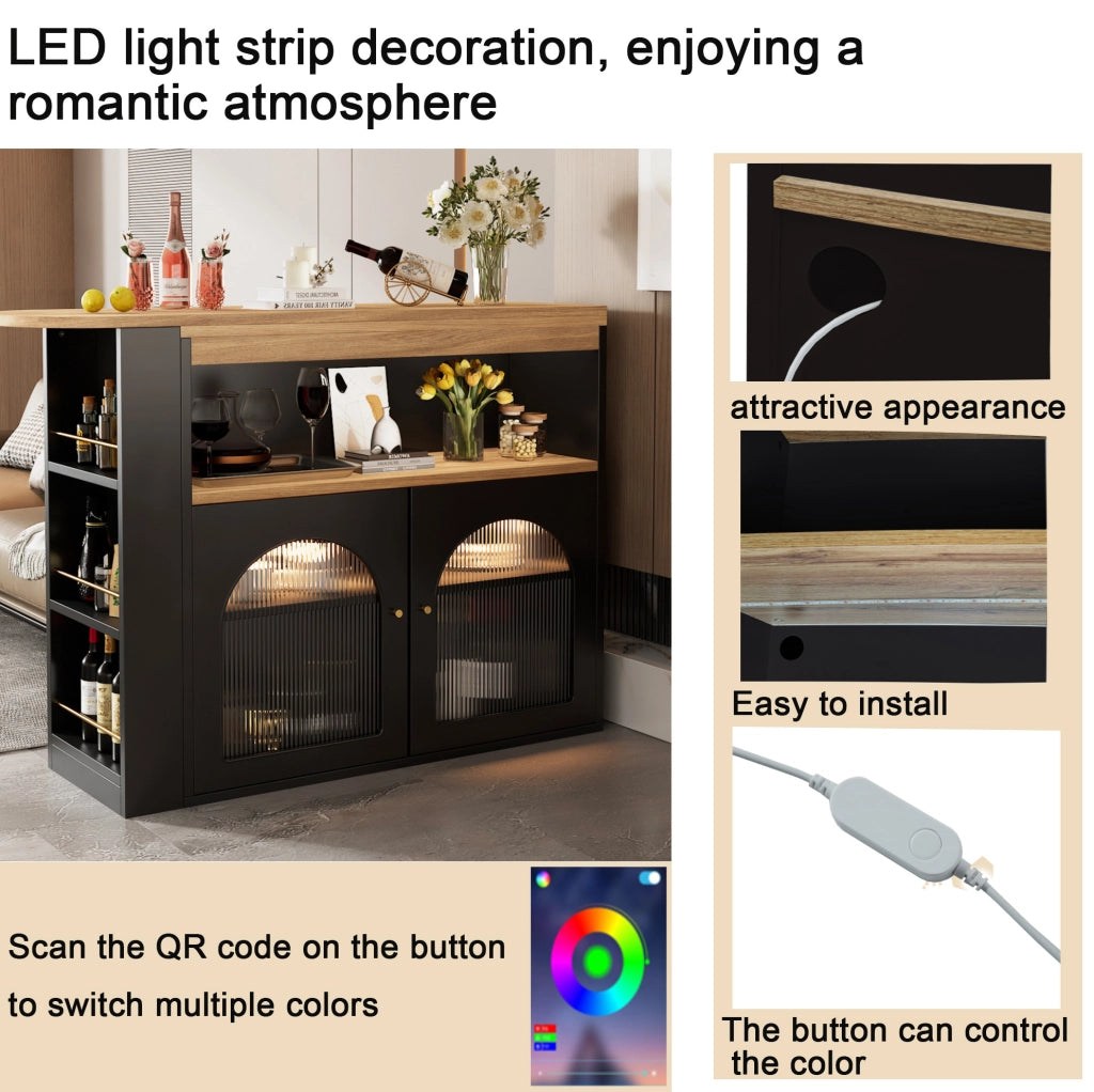 Tavolo bar girevole ed estensibile 138-193x39x105 cm con LED e ripiani; nero