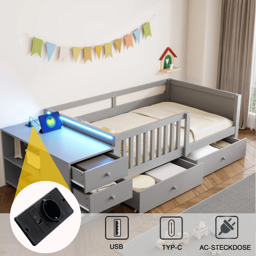 Letto alto per bambini 90x200 cm con contenitore, LED e presa