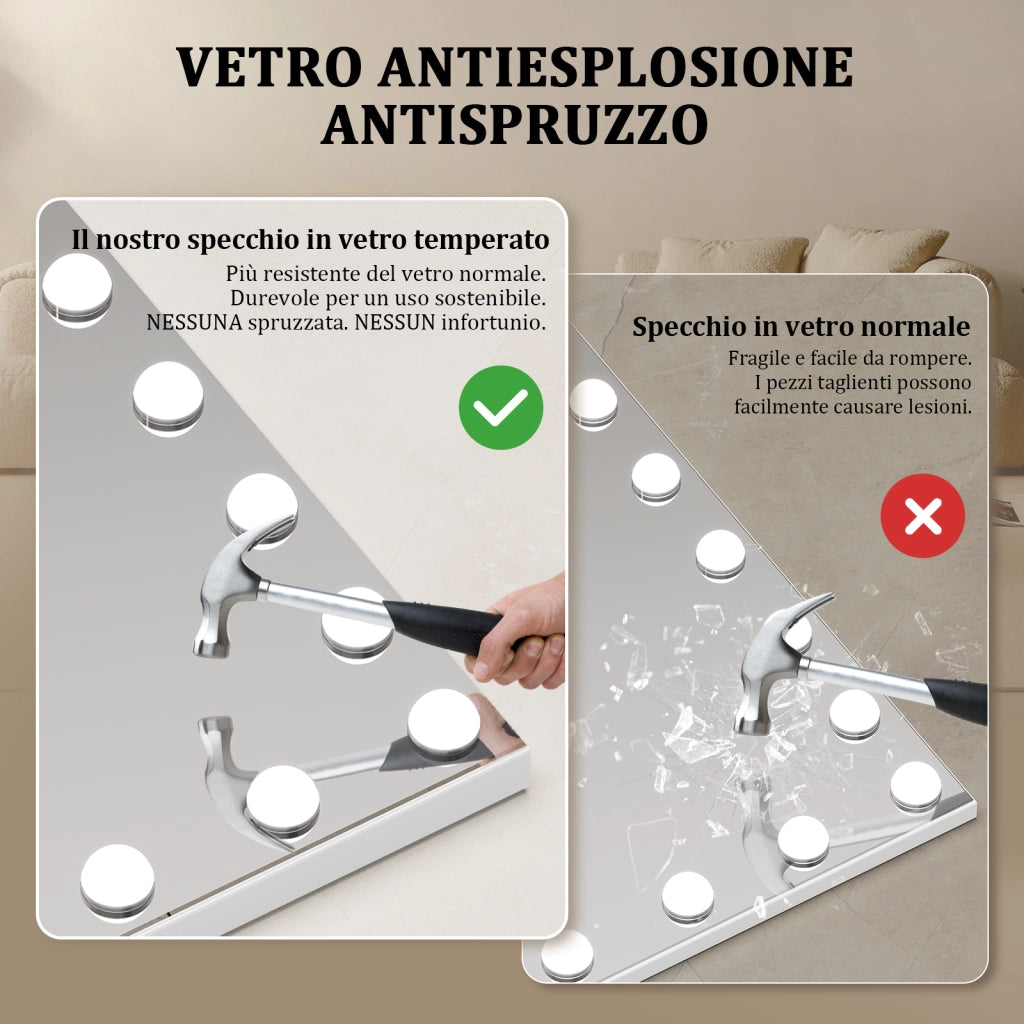 Specchio per il trucco con luce,15 lampadine LED,3 modalit¨¤ di luce, intensit¨¤ regolabile,controllo touch,porta USB/tipo C,58 x 46 x 3 cm,