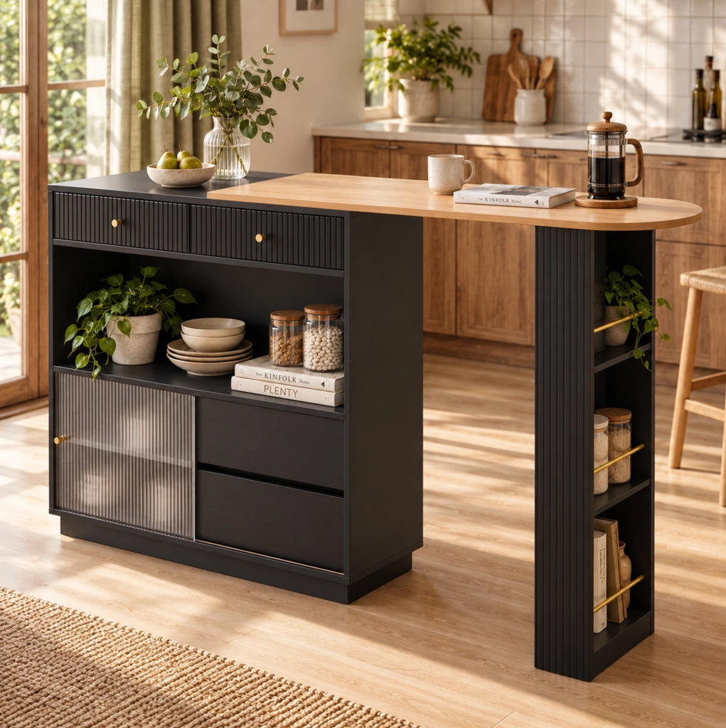 Isola cucina girevole 360° con bancone bar; contenitore e LED; estensione max 183 cm; nera HOMVRA