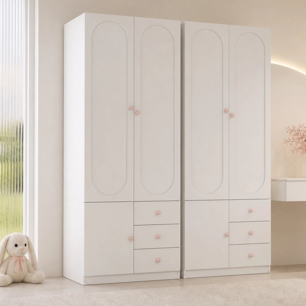 Set di 2 armadi 80 x 50 x 200 cm; 2 ante; vano appendiabiti; per la casa moderna; design moderno; maniglie in ceramica rosa; laccato bianco