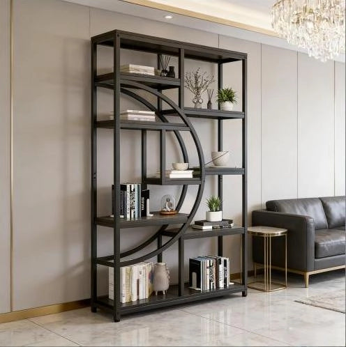 Libreria moderna a 9 ripiani in metallo e legno nero