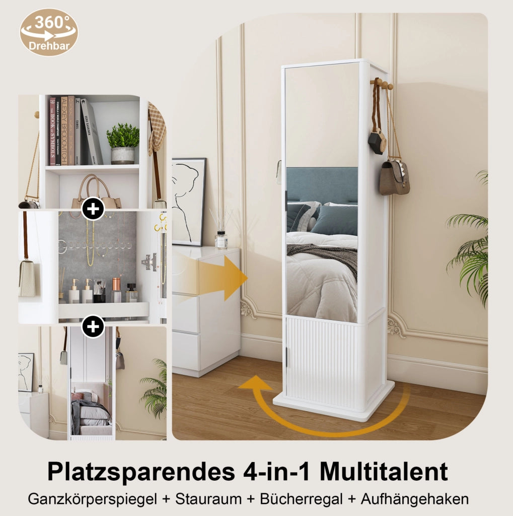 Mobile portagioie 4 in 1 girevole a 360° con specchio a figura intera; ripiani e 6 ganci; bianco