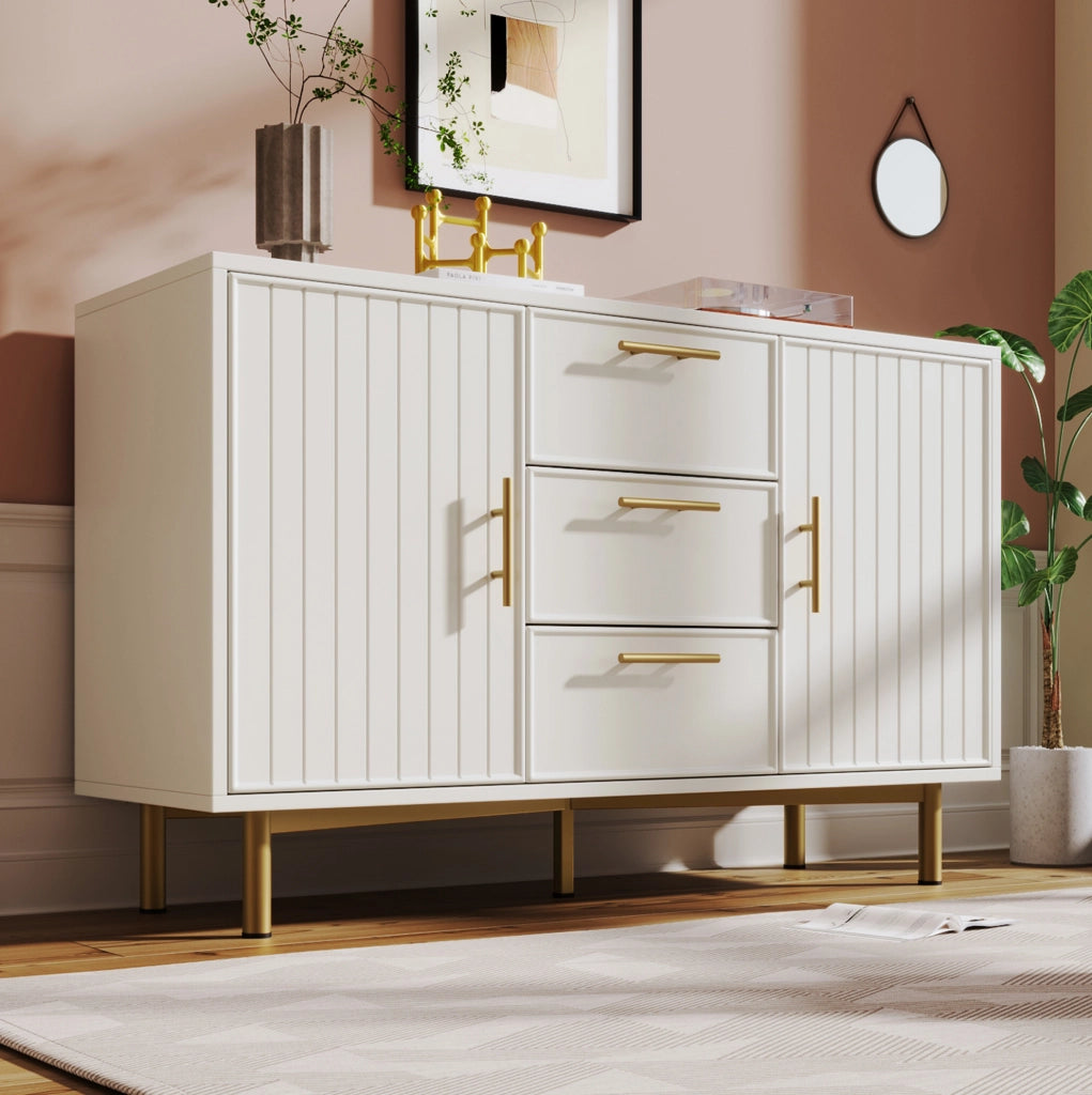 Credenza bianca 120 cm con 2 ante, 3 cassetti e ripiani regolabili