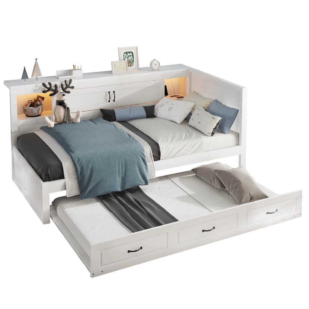 Letto divano singolo 90 × 200 cm con letto estraibile; vano contenitore; LED; presa e USB; senza materasso; bianco