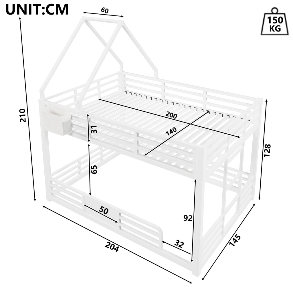 Letto a castello 140x200 cm in metallo e MDF con LED, design casetta bianco