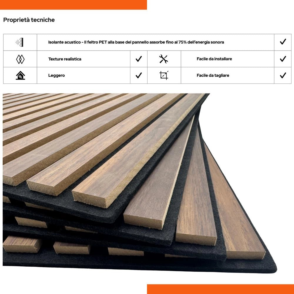 Pannello Fonoassorbente Doghe in MDF Rivestimento colore Noce 60x60 conf. 4 Pz
