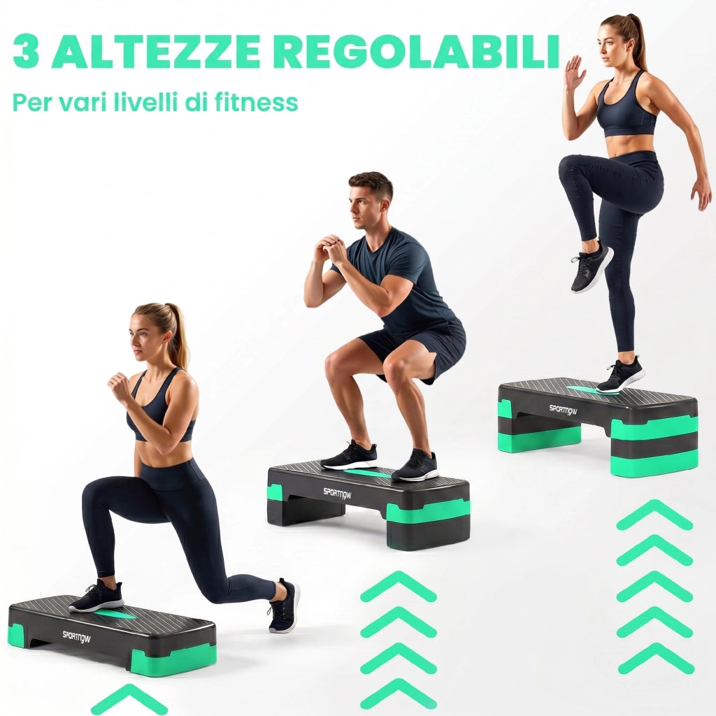 Stepper Aerobico Regolabile 68x29x10-15- 20 cm con Riser in PP Nero e Verde