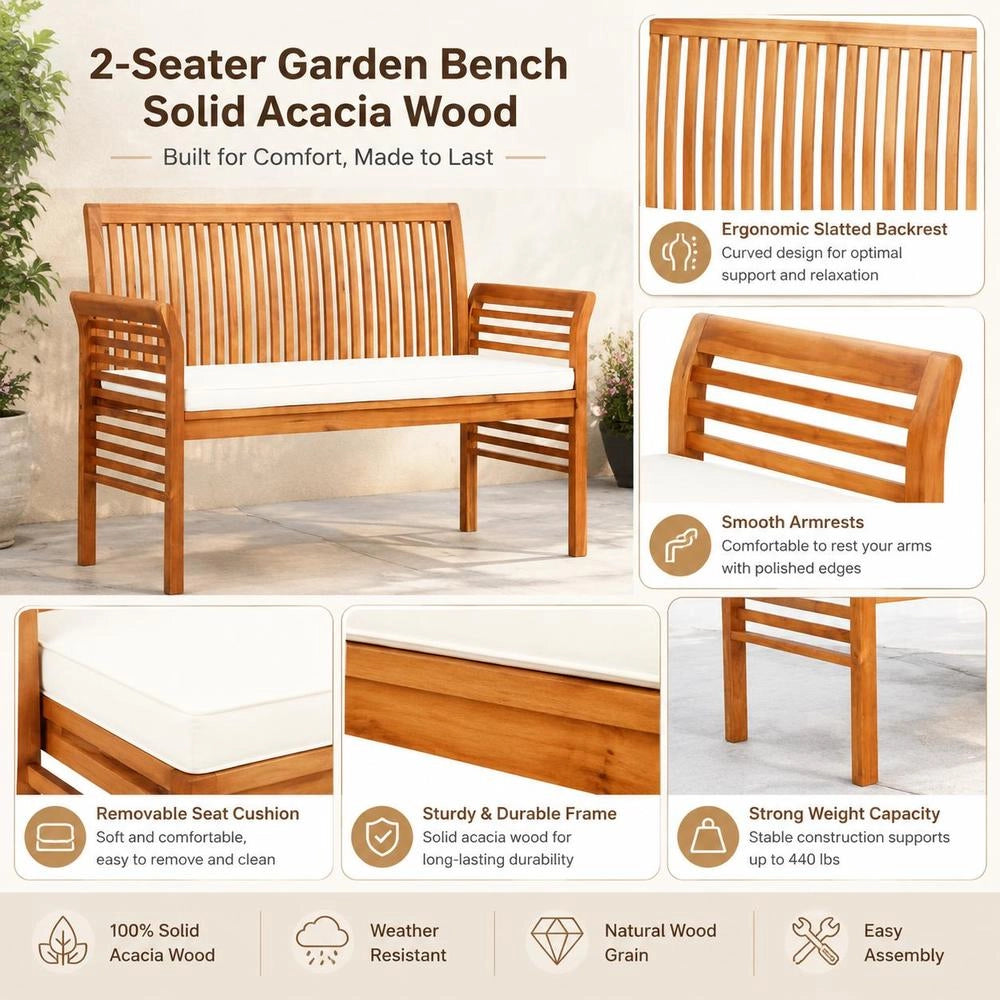 2-seater Garden Bench With Cushions, 120 Cm, Solid Acacia Wood