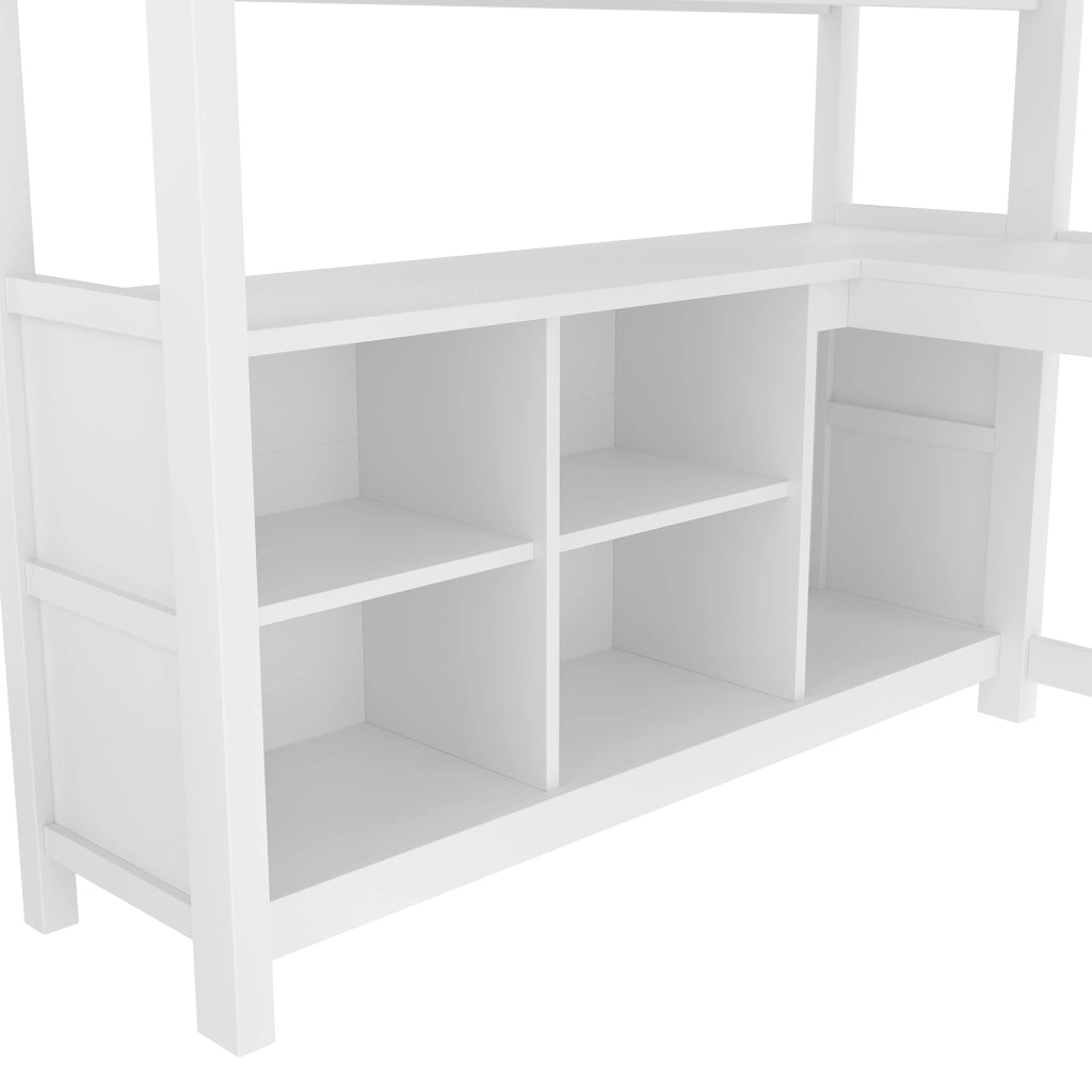 Letto a soppalco per bambini 140x200 cm con scrivania; armadio; mensole e vani portaoggetti; salvaspazio; bianco
