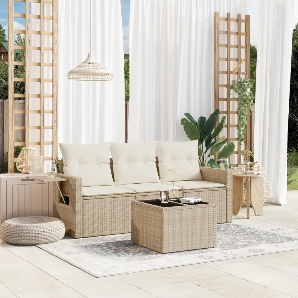 Set Divano da Giardino 4 pz | Set Salotto da Giardino con Cuscini Beige in Polyrattan