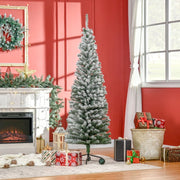 Albero di Natale artificiale innevato slim con base in metallo rami folti in plastica verde a montaggio segmentato
