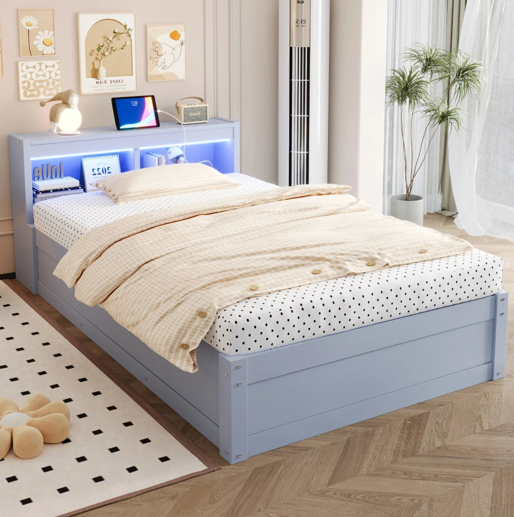 Letto singolo multifunzionale 90x200 cm in legno massello con contenitore idraulico, strisce LED colorate e presa elettrica integrata, grigio