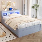 Letto singolo multifunzionale 90x200 cm in legno massello con contenitore idraulico, strisce LED colorate e presa elettrica integrata, grigio