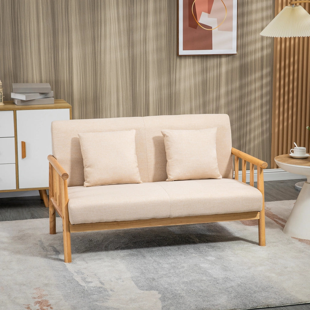 Divano 2 posti 123x69x74 cm imbottito con due cuscini in poliestere e legno della gomma beige