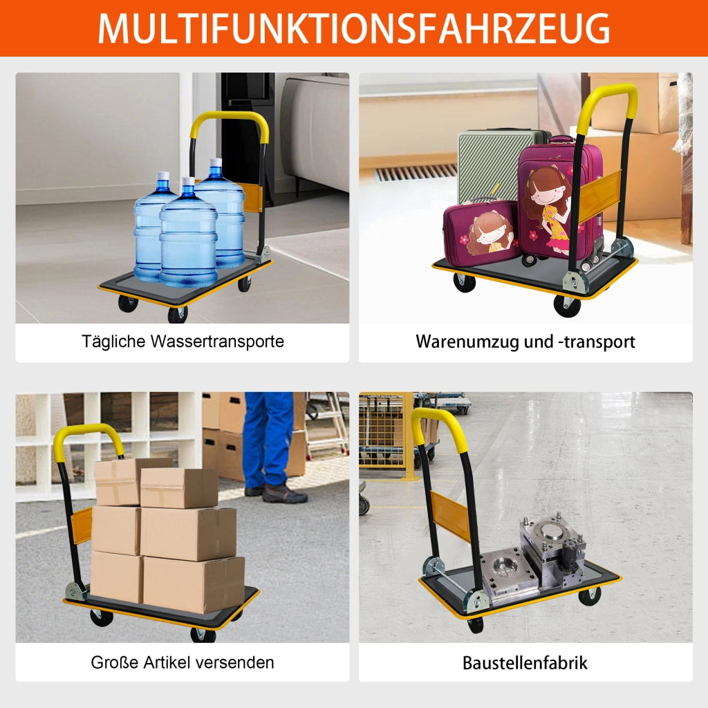 Carrello portapacchi pieghevole in acciaio giallo con ruote in poliuretano girevoli a 360° portata 150 kg