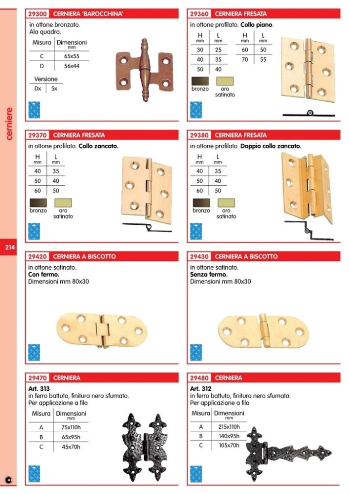 1blister bl cerniere in ottone profilato con collo gr 50x40 pz 2 oro bronzato cod:ferx.59842