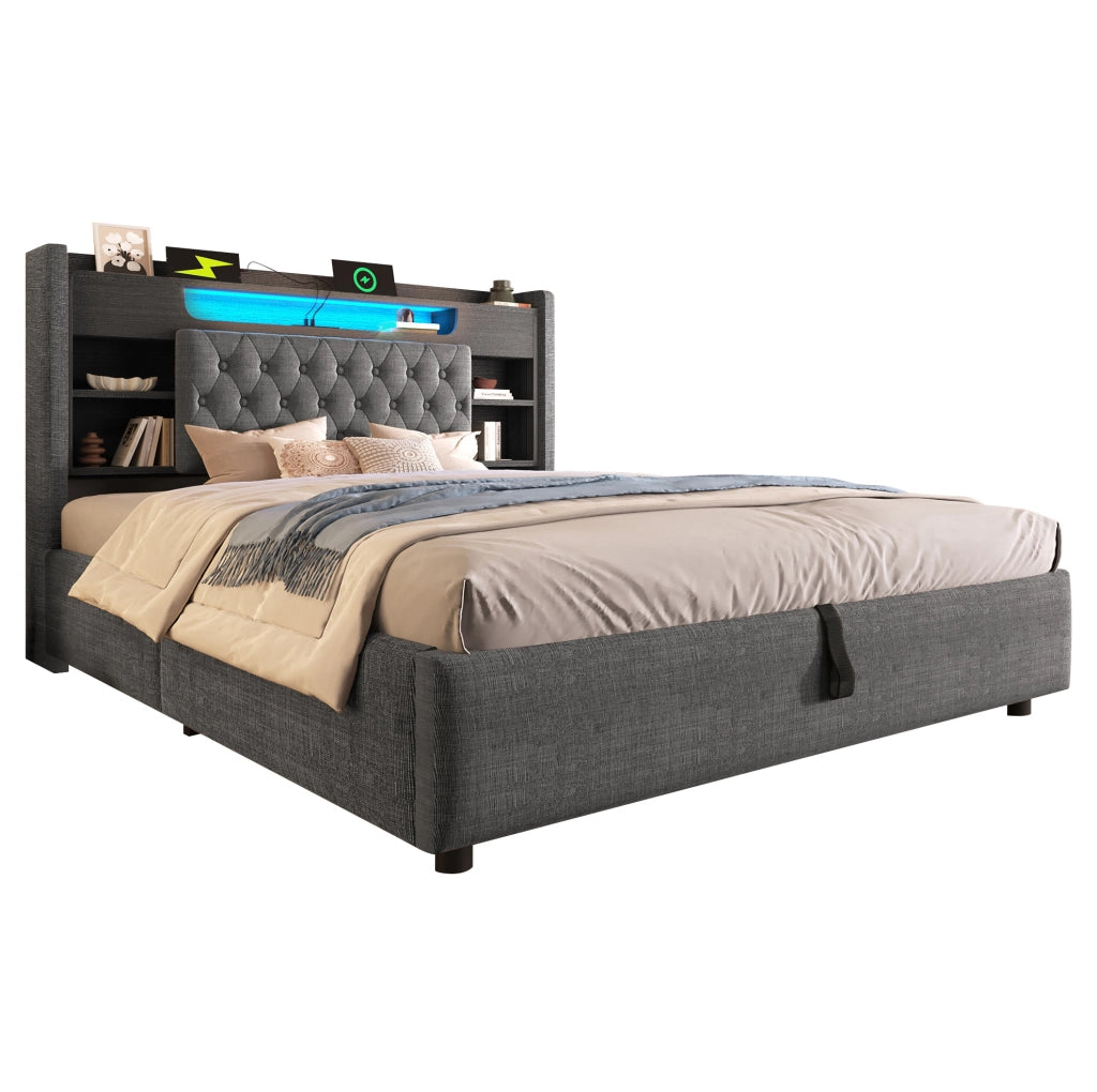 Letto 140x200 cm con contenitore idraulico, LED, USB e USB-C in lino grigio