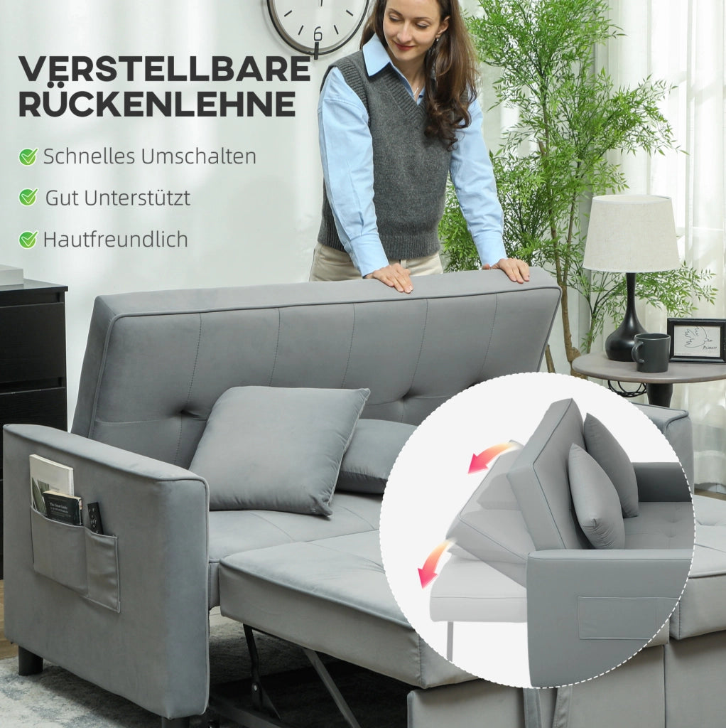 Divano Letto 2 Posti con Funzione Relax, Rivestimento in Velluto Grigio, Schienale Regolabile e Contenitore, Lavorazione con Ruote per Soggiorno o Camera Ospiti