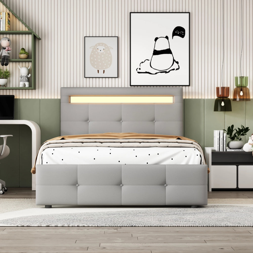 DESMIU Letto adulto 90 × 200 cm con 2 cassetti, LED, testiera regolabile, senza materasso, grigio