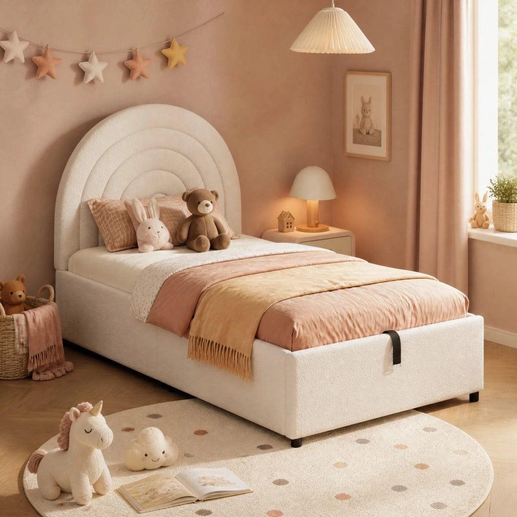 Letto singolo imbottito con contenitore idraulico 90x200 cm in tessuto bouclé beige