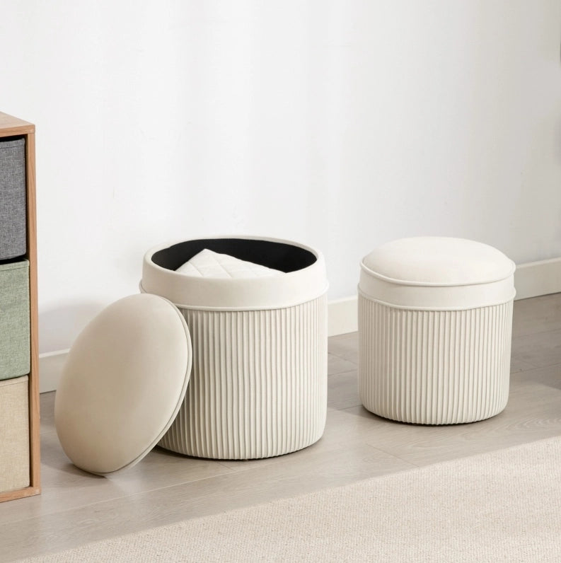 Set di 2 Pouf con Contenitore, Pouf Tondo in Velluto Crema 36x36x41,5 cm