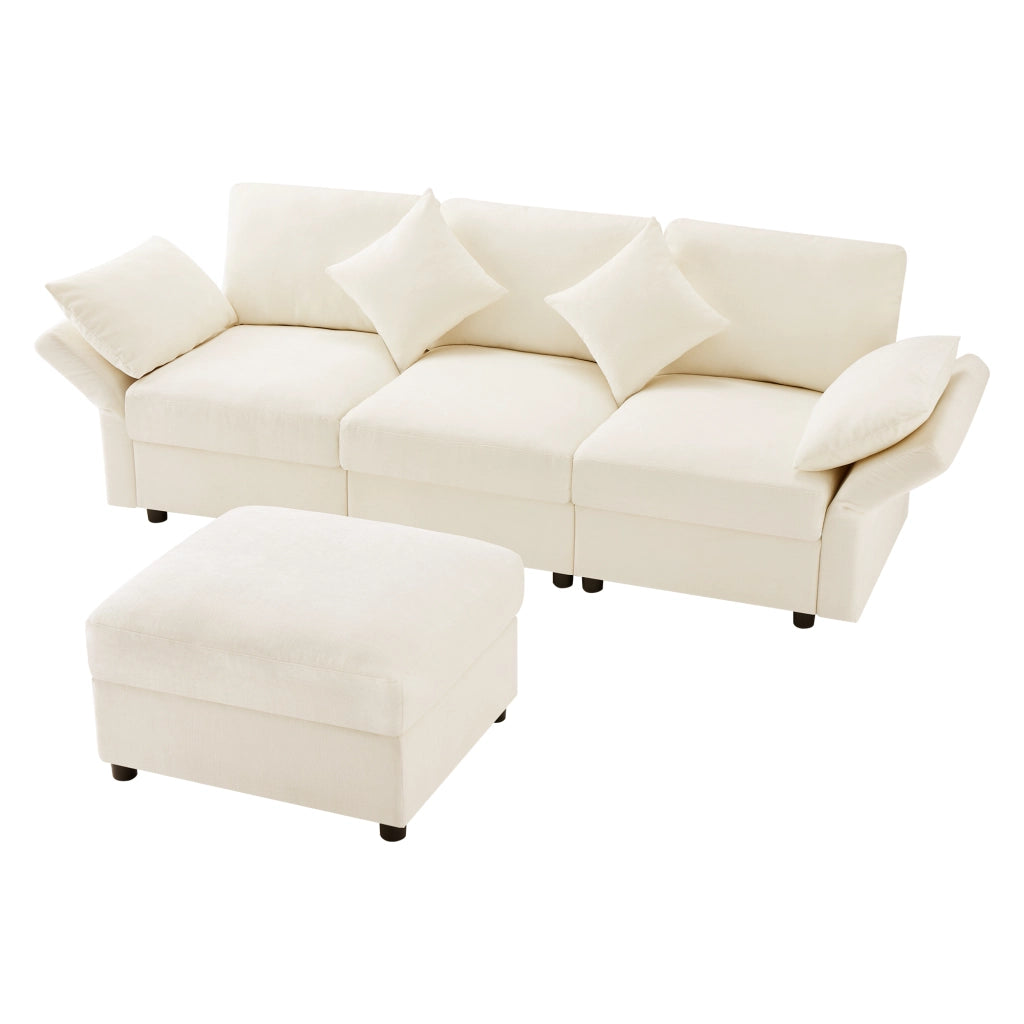 Divano angolare 3 posti con pouf mobile, braccioli regolabili e 4 cuscini, seduta a molle, in ciniglia beige