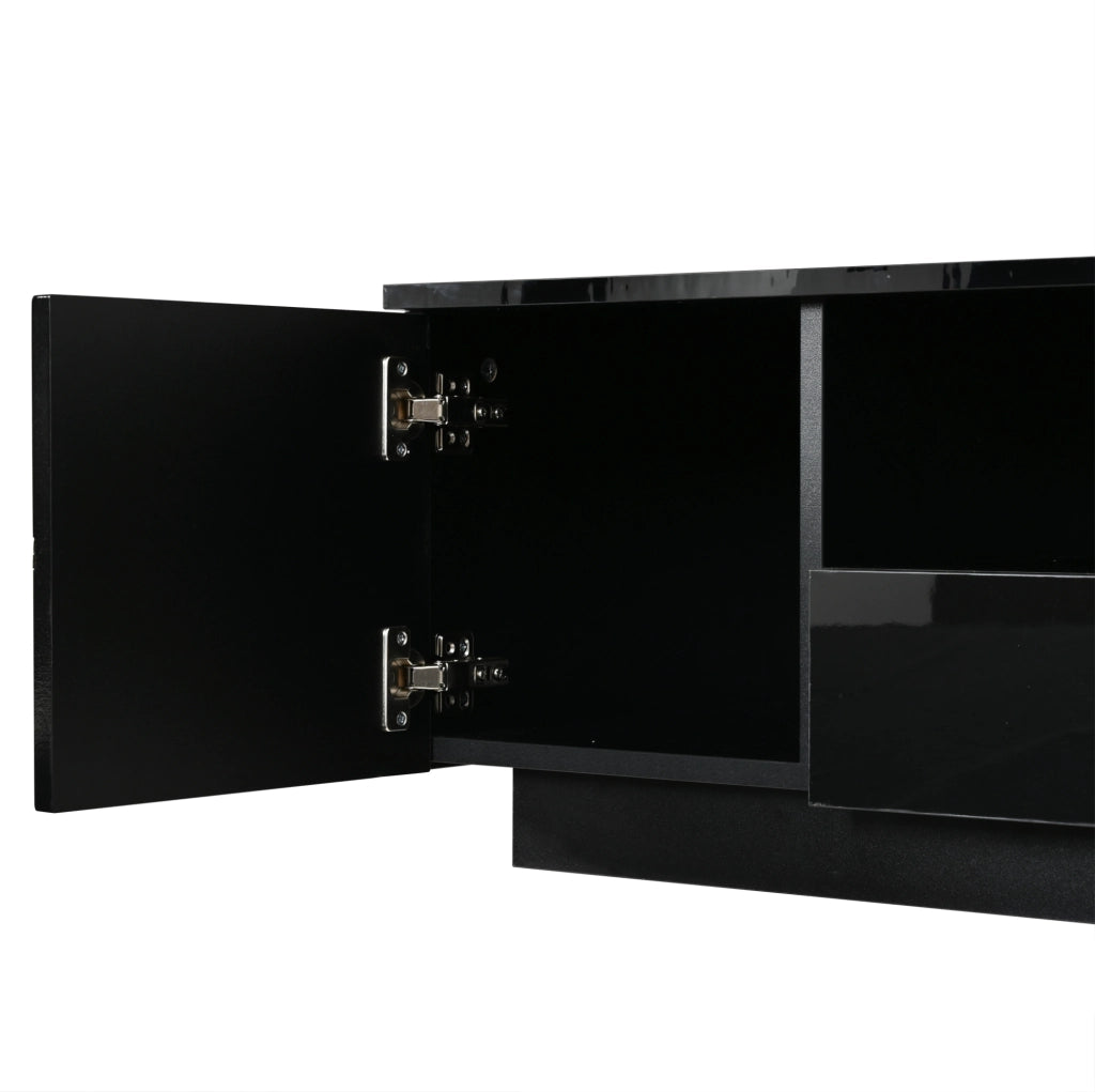 Tavolino da caffè moderno in MDF nero con LED, 100x50x35,5 cm, 2 ante, 1 cassetto, finiture dorate