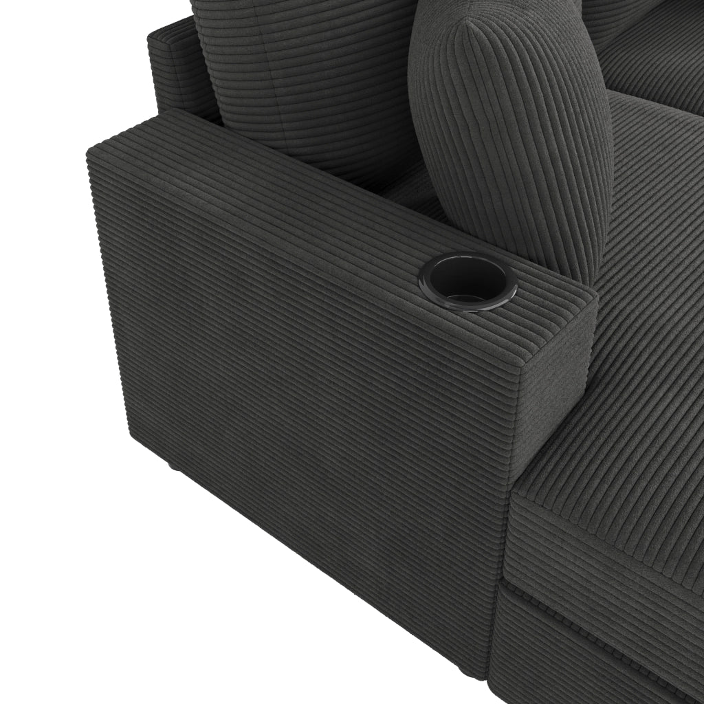 Divano 2 posti 163x140 cm con USB, USB-C e portabevande in velluto a coste grigio
