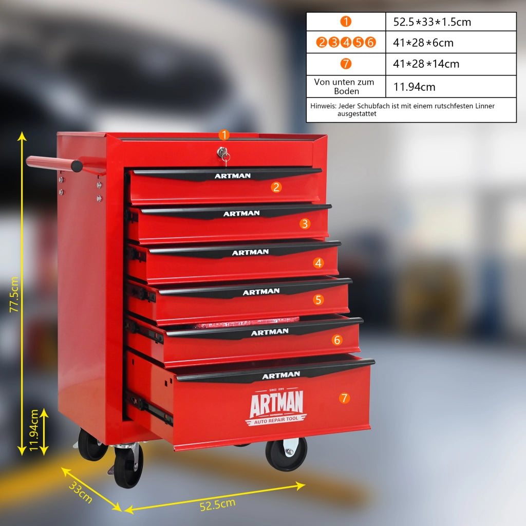 Armadio da officina mobile con 6 cassetti e ruote con freno in acciaio rosso e nero 60.0 × 33.0 × 77.5 cm