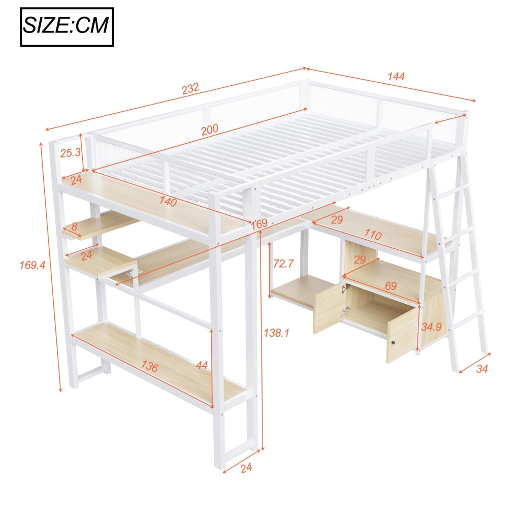 Letto a soppalco 140 × 200 cm con scrivania; LED; stazione di ricarica; scaffali e armadio in metallo e MDF bianco