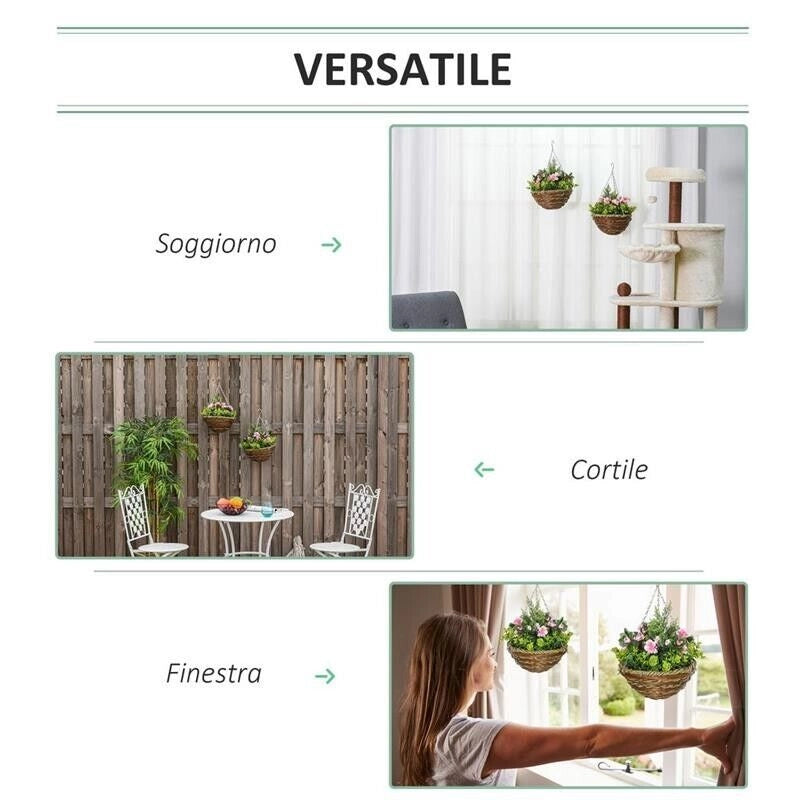 SET DI 2 PIANTE FINTE LISIANTHUS DA APPENDERE PER INTERNO ED ESTERNO CON VASO IN VIMINI E CATENELLE, ?25X34CM, ROSA E VERDE