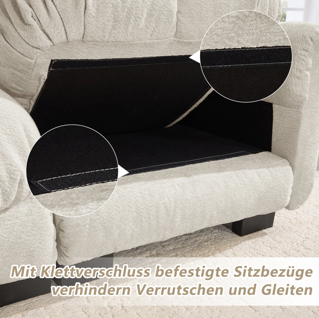 Divano angolare a 3 posti in chenille color kaki chiaro con pouf mobile e 2 cuscini decorativi