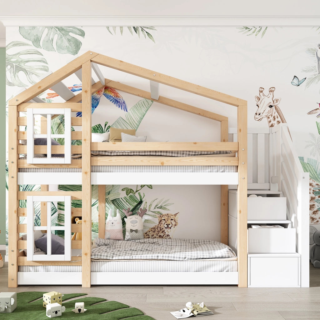 Letto a castello per bambini 90x200 cm a casetta con design ad albero; cassetti contenitore; legno massello e MDF; bianco e naturale