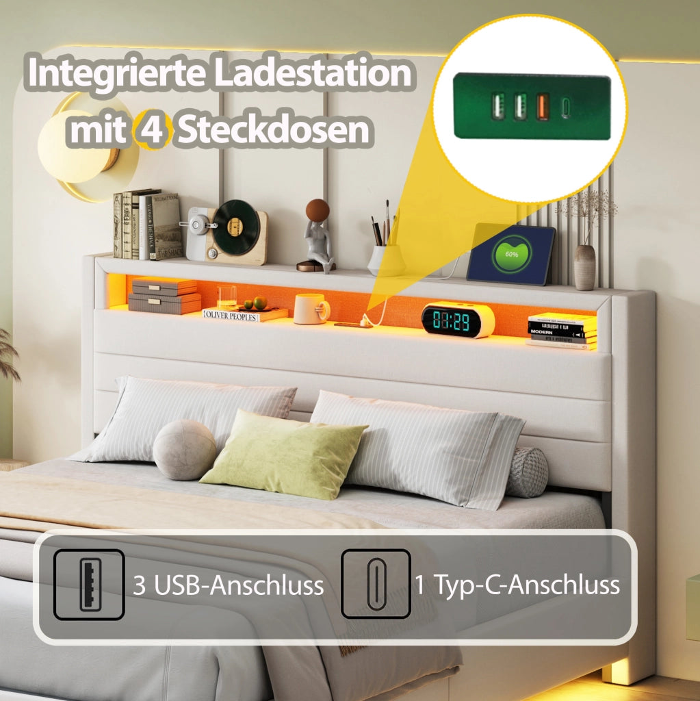 Letto matrimoniale imbottito 160x200 cm con LED e USB