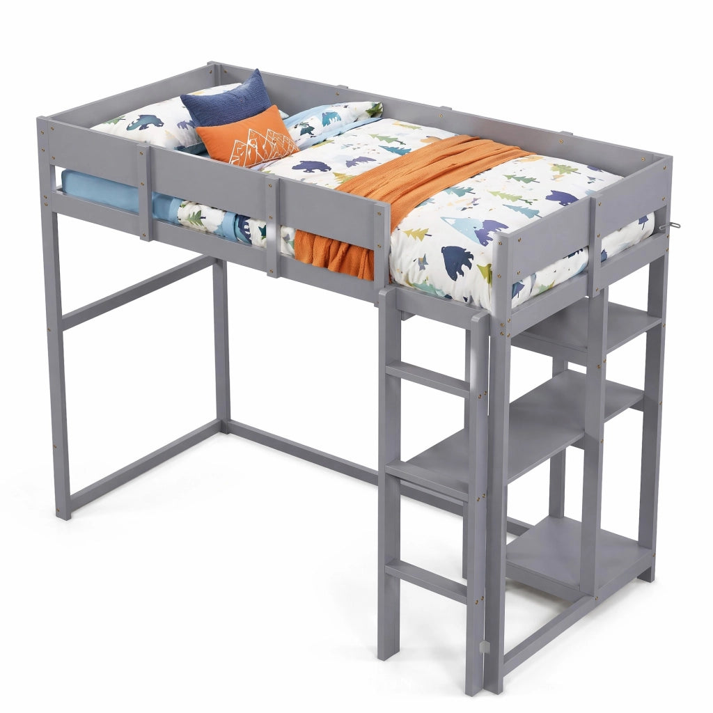 Letto a soppalco 90 × 200 cm con ripiano integrato rete a doghe in legno grigio con protezioni laterali