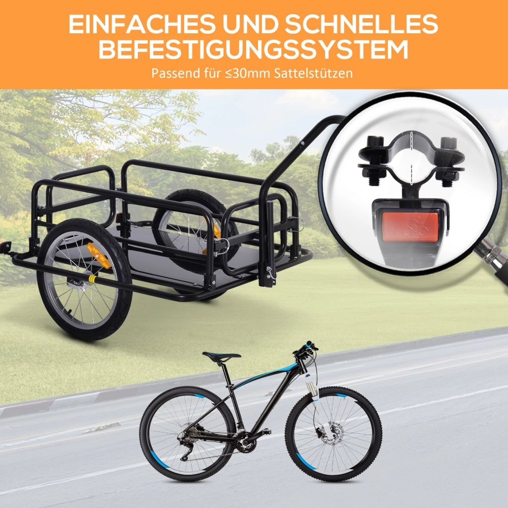 Rimorchio per bicicletta pieghevole da trasporto carrello portapacchi in acciaio con gancio e riflettori ruote 16 pollici 155 x 71,5 x 77 cm