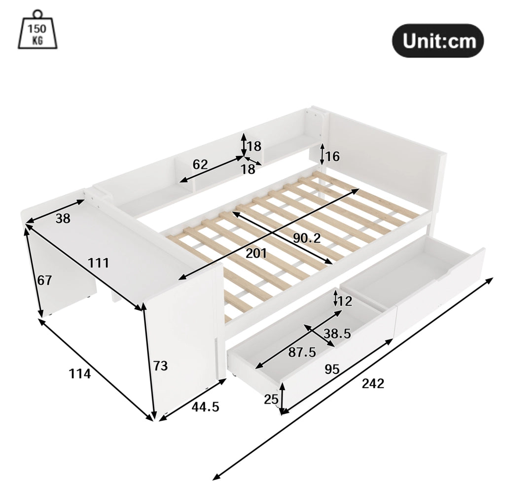Letto singolo 90x200 cm bianco con scrivania, 2 cassetti e 3 ripiani